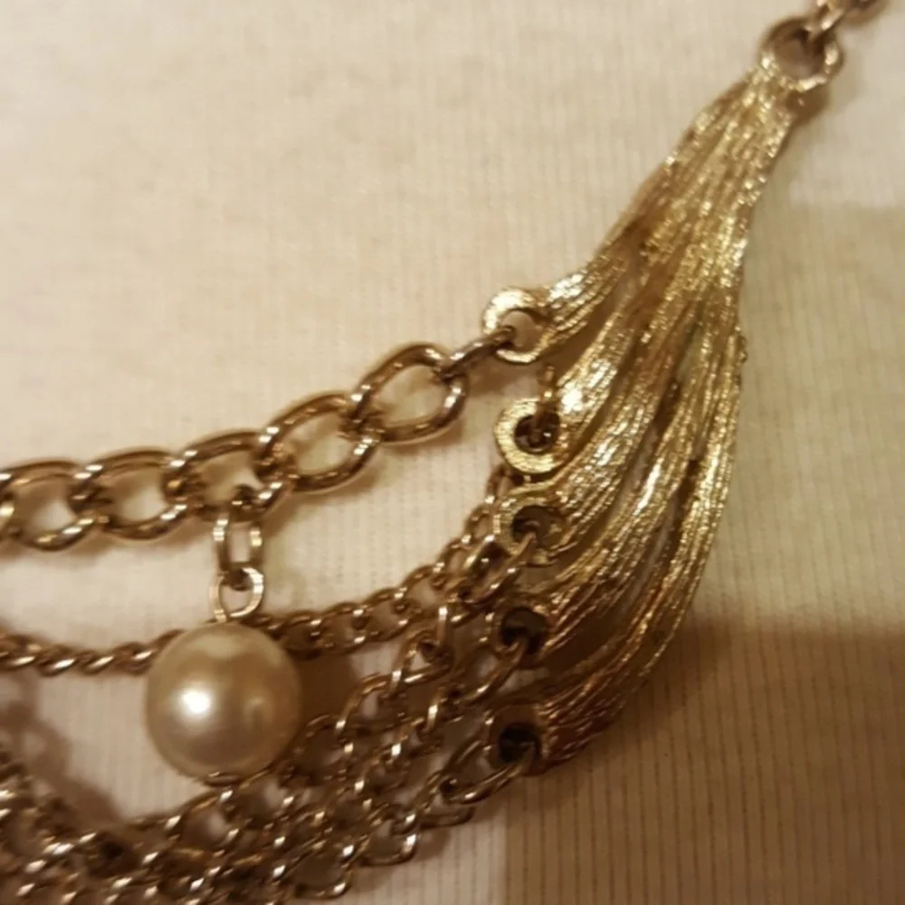 VTG EGYPTIAN REVIVAL BOHO MULTI LAYER‎ GOLD PEARL CHOKER NECKLACE